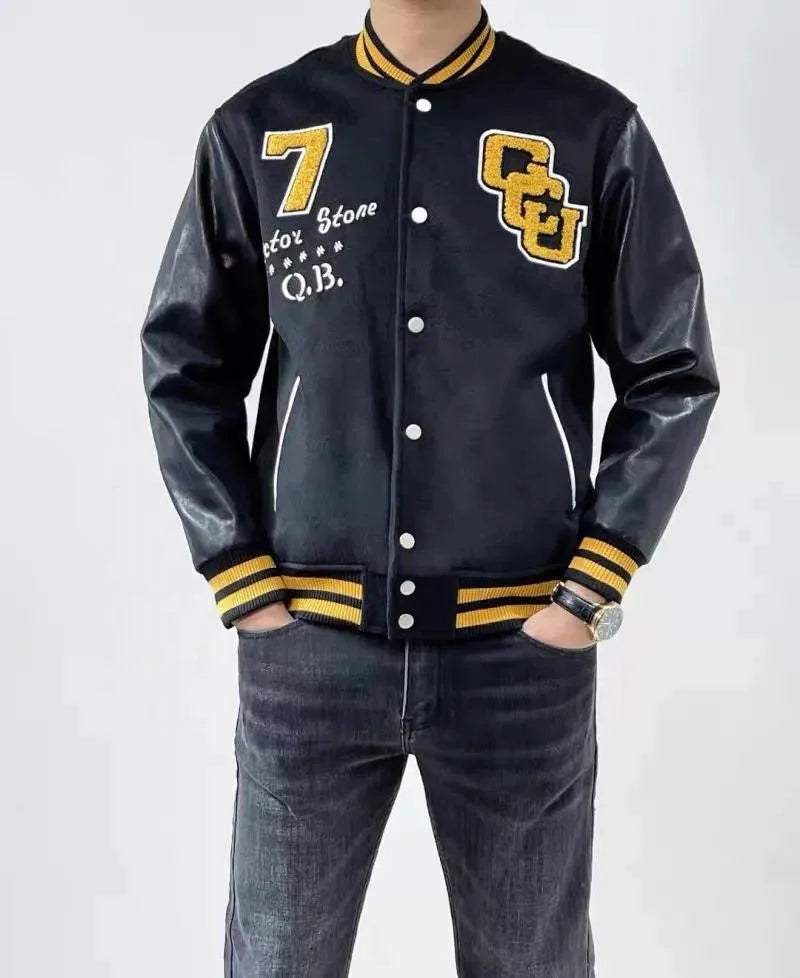 OEM Custom Men's Winter Letterman Varsity Jacket College Baseball Embroidery Patches Patchwork Pattern Waterproof Reversible