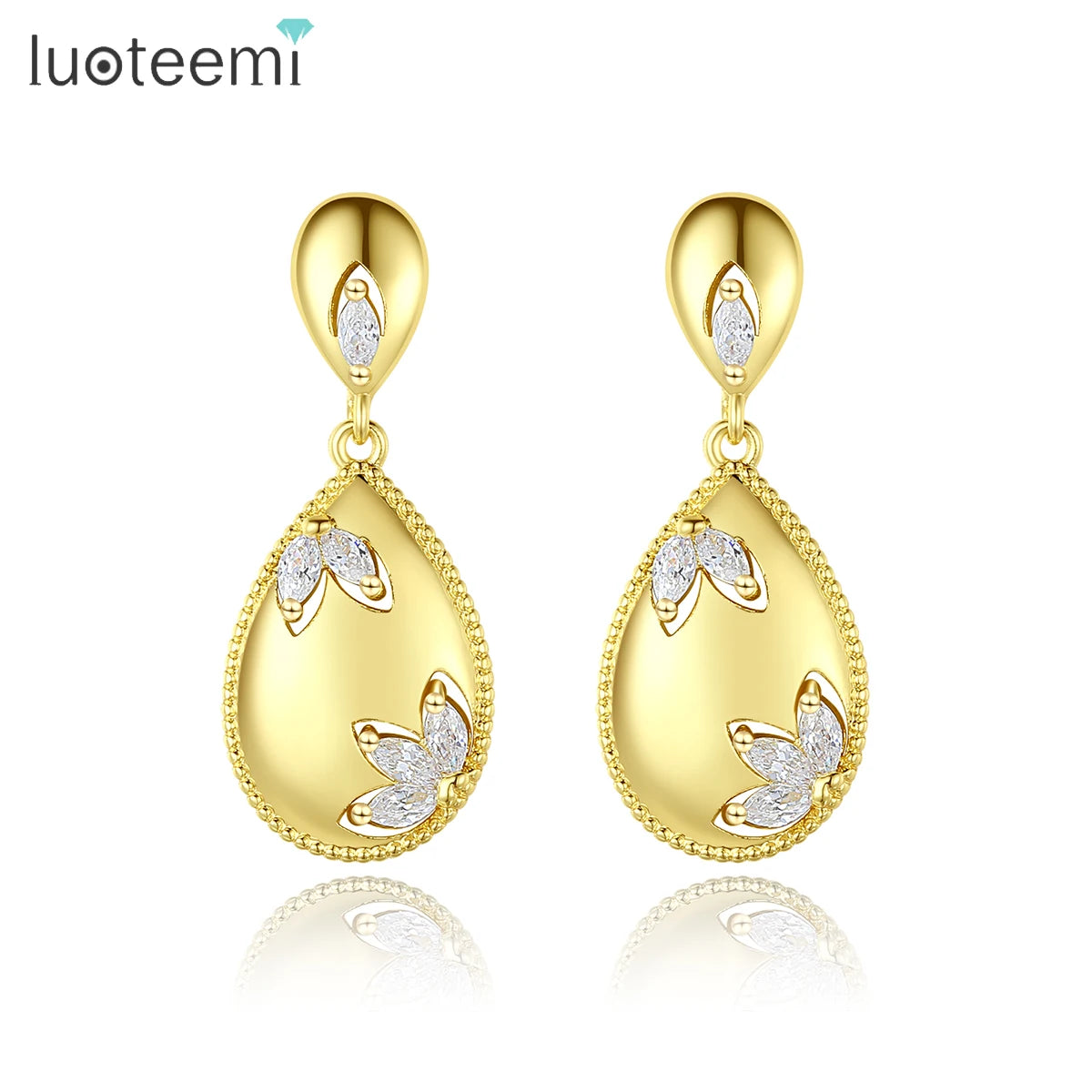LUOTEEMI European Unique Statement Solid Gold Plated 18K Water Drop Drip Earrings 3A+ Cubic Zircon Cute Earrings for Women