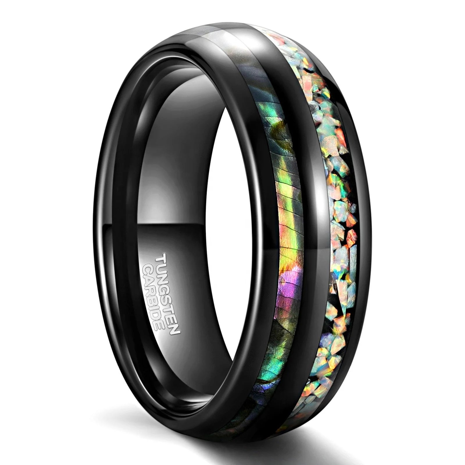 POYA 8mm Dual Channel Domed Wedding Band Black Tungsten Fire Opal Abalone Shell Inlay Ring for Men