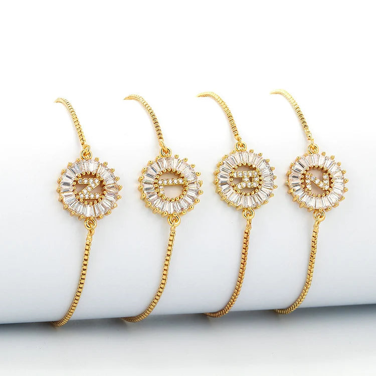 G117 Wholesale 18K Gold Plated Micro Pave Round Initial Letter Adjustable Chain Charm Women Bracelet