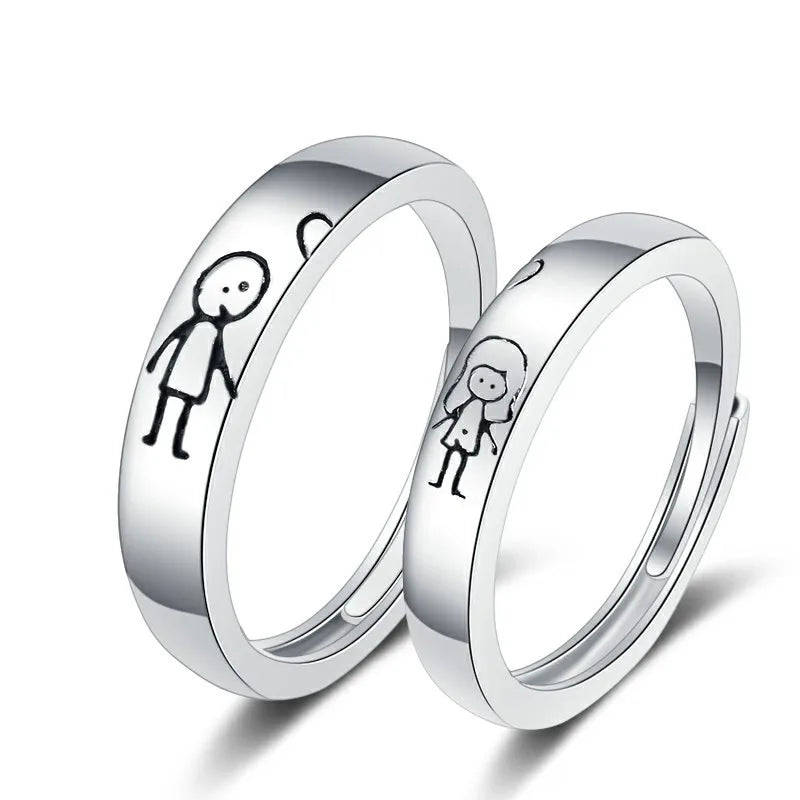Trendy Silver Color Adjustable Finger Ring for Women Men Wedding Jewelry Cute Boy Girl Pattern Couple Rings
