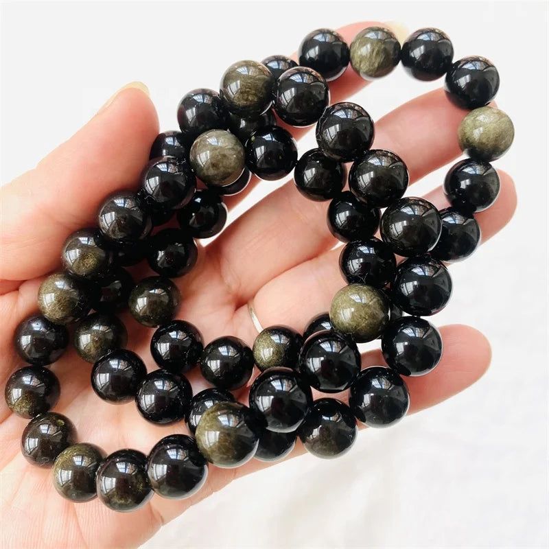Hot Sale Natural Quartz Crystal Stone Beads Bracelets Healing Gemstone Gold Obsidian Bracelet