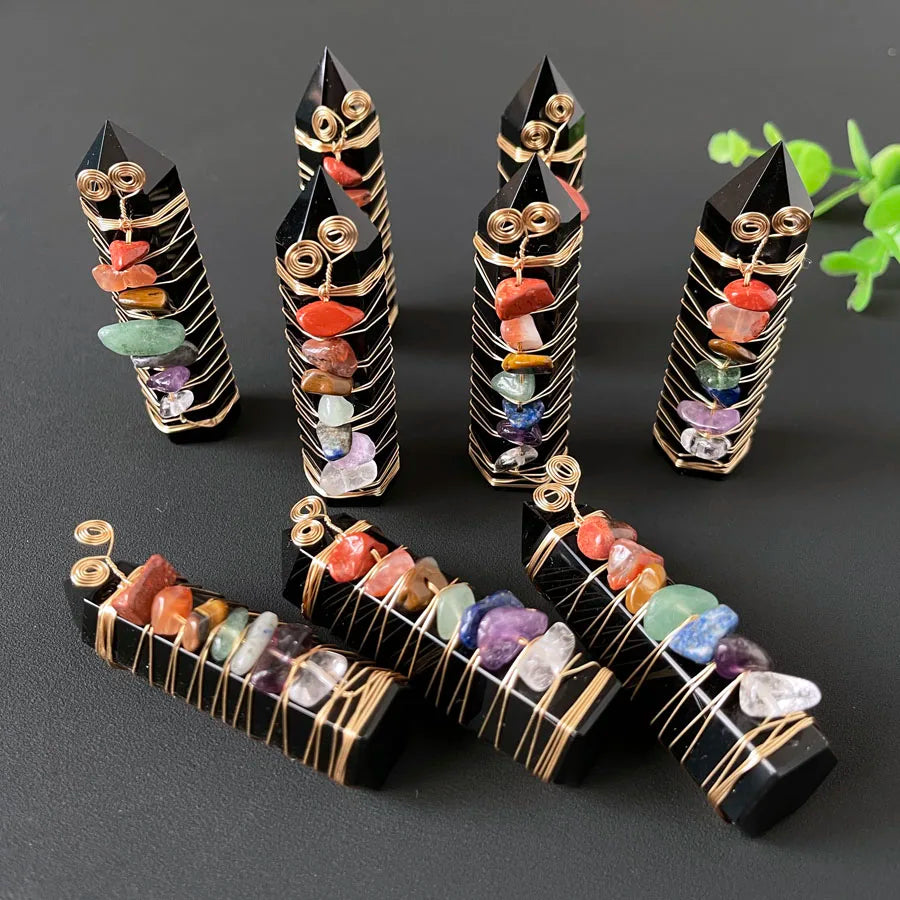 Wholesale New Design Seven Chakra Gravel Point Wrapped Colorful Chips Obsidian Quartz Tower for Decoration