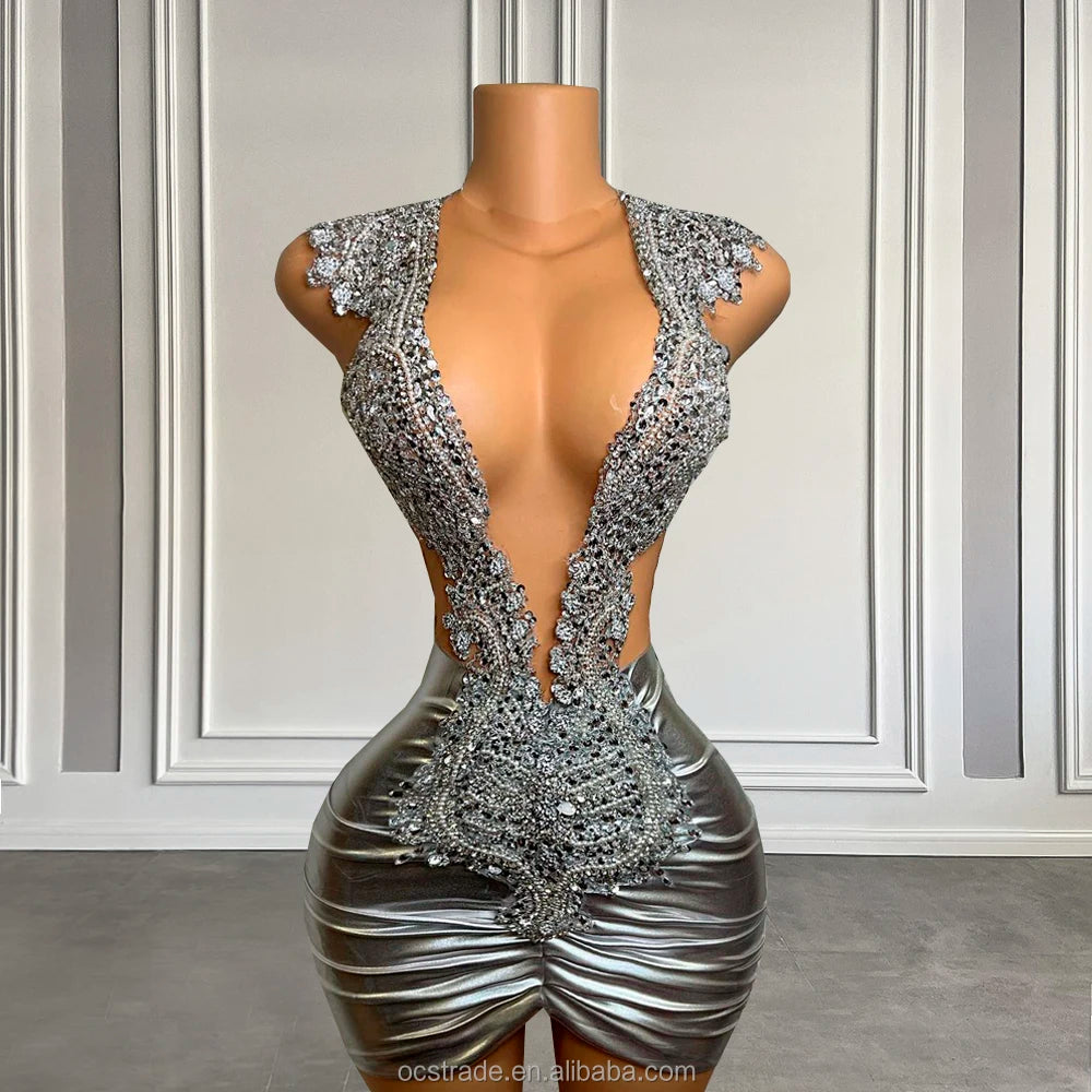Ocstrade  Fall 2025 Women Clothes Diamond Embellished Rhinestone Party Dress Night Club Mesh V Neck Birthday Dresses Women