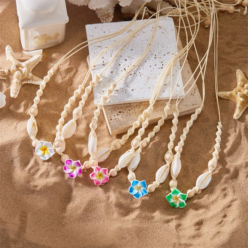 New Trendy Handmade Puka Shell Cowries Woven Choker Hawaii Summer Holiday Gifts Jewelry Cute Plumeria Frangipani Flower Necklace