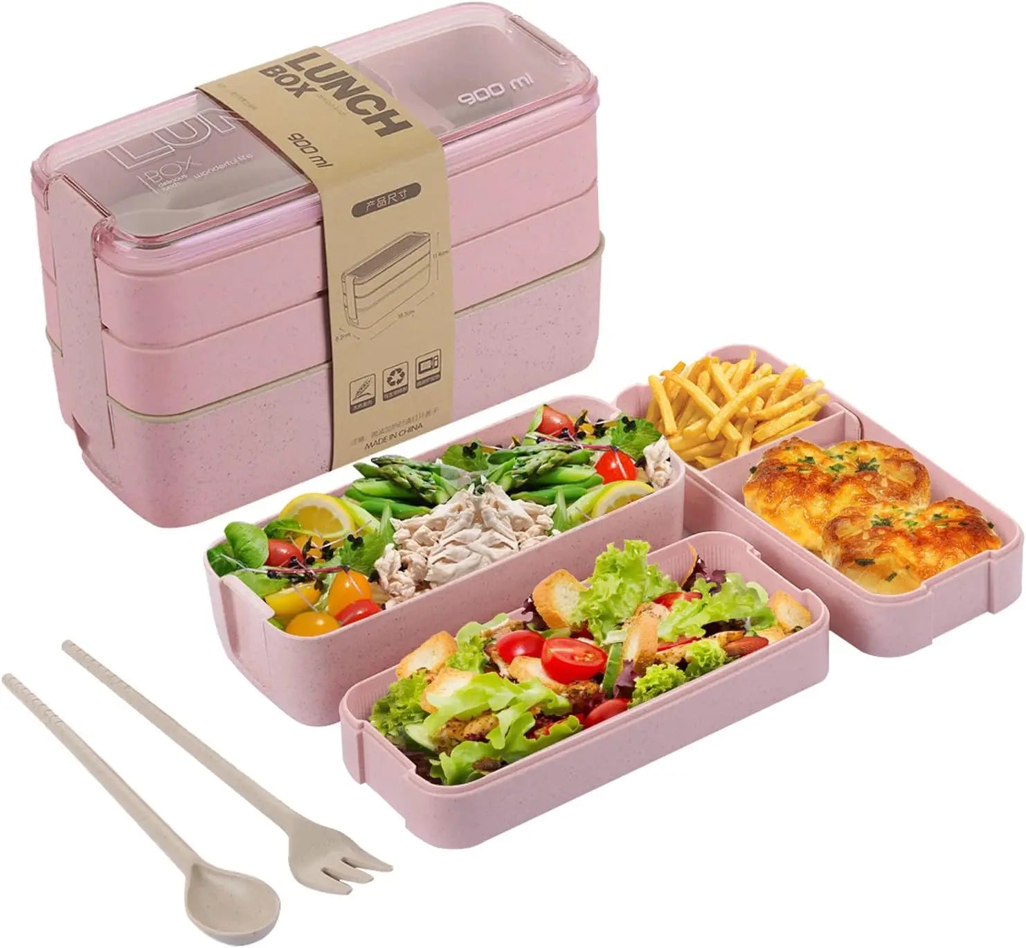 Bento Box Lunch Box 3-In-1 Compartment Lunch Containers Wheat Straw Leakproof Stackable Bento Lunch Box for Children