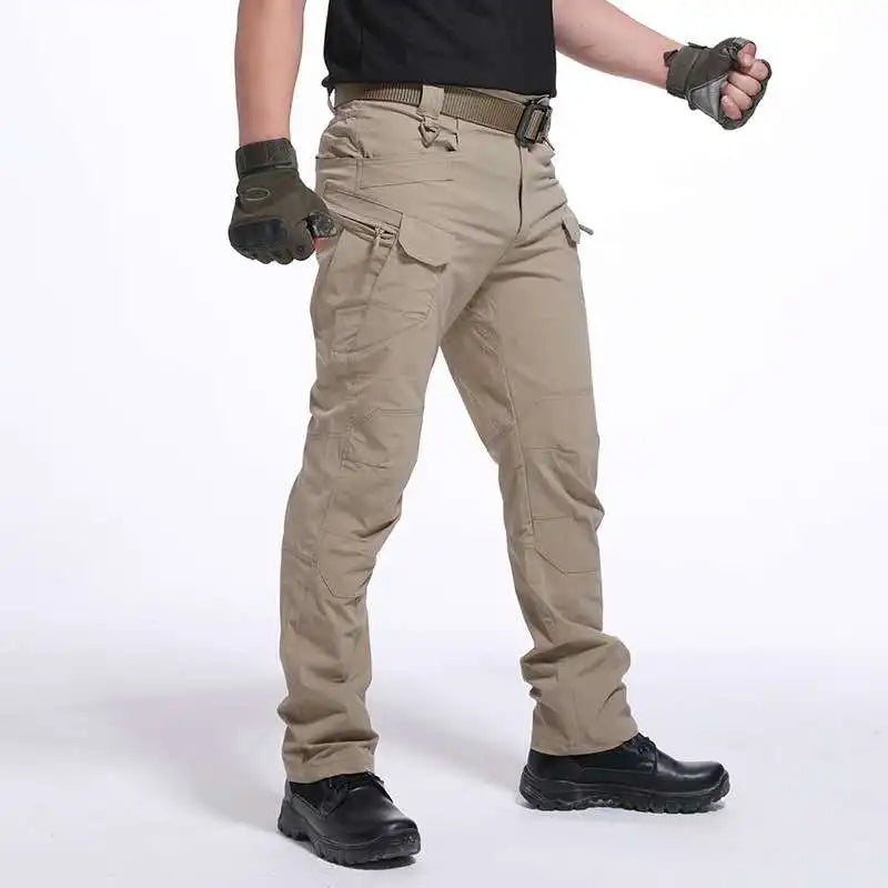 IX7 Men's Waterproof Tactical Pants Dark Wash Multi-Pocket Combat Overalls with Mid Waist for Hiking and Hunting