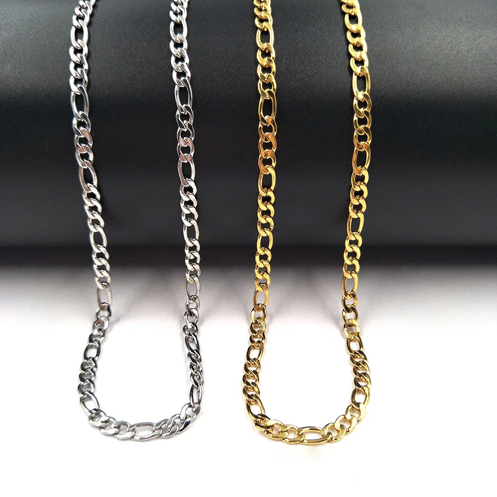 Fashion 17-60 cm Hiphop Necklace 4 mm Figaro Stainless Steel Chain With Real 18k Gold Plating