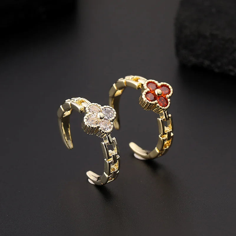 Women's Jewelry Brass Gold Plated Colorful Crystals Clover Ring Exquisite Craft Zircon Open Adjusted Ring