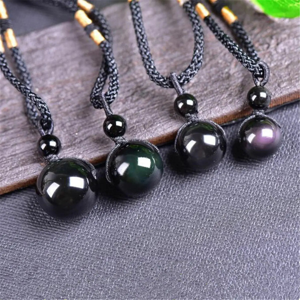 Fashion Natural Stone Black Obsidian Rainbow Eye Beads Ball Pendant Necklace Jewelry Lucky Gift