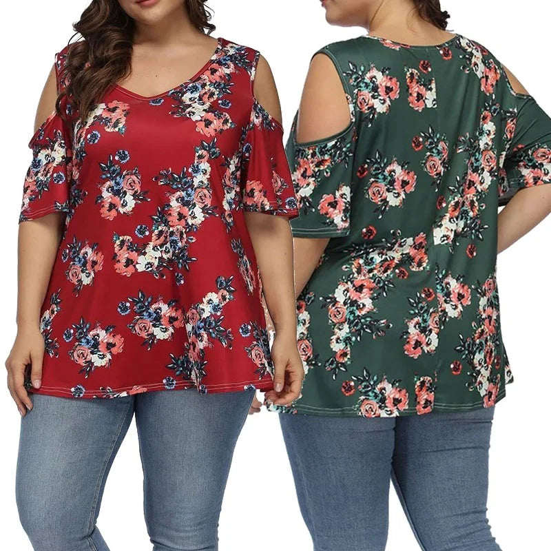 Womens Floral Print Blouses 5XL Cold Shoulder Tops Tropical Clothes Large Size Half Sleeve Tunics Oversized T Shirt