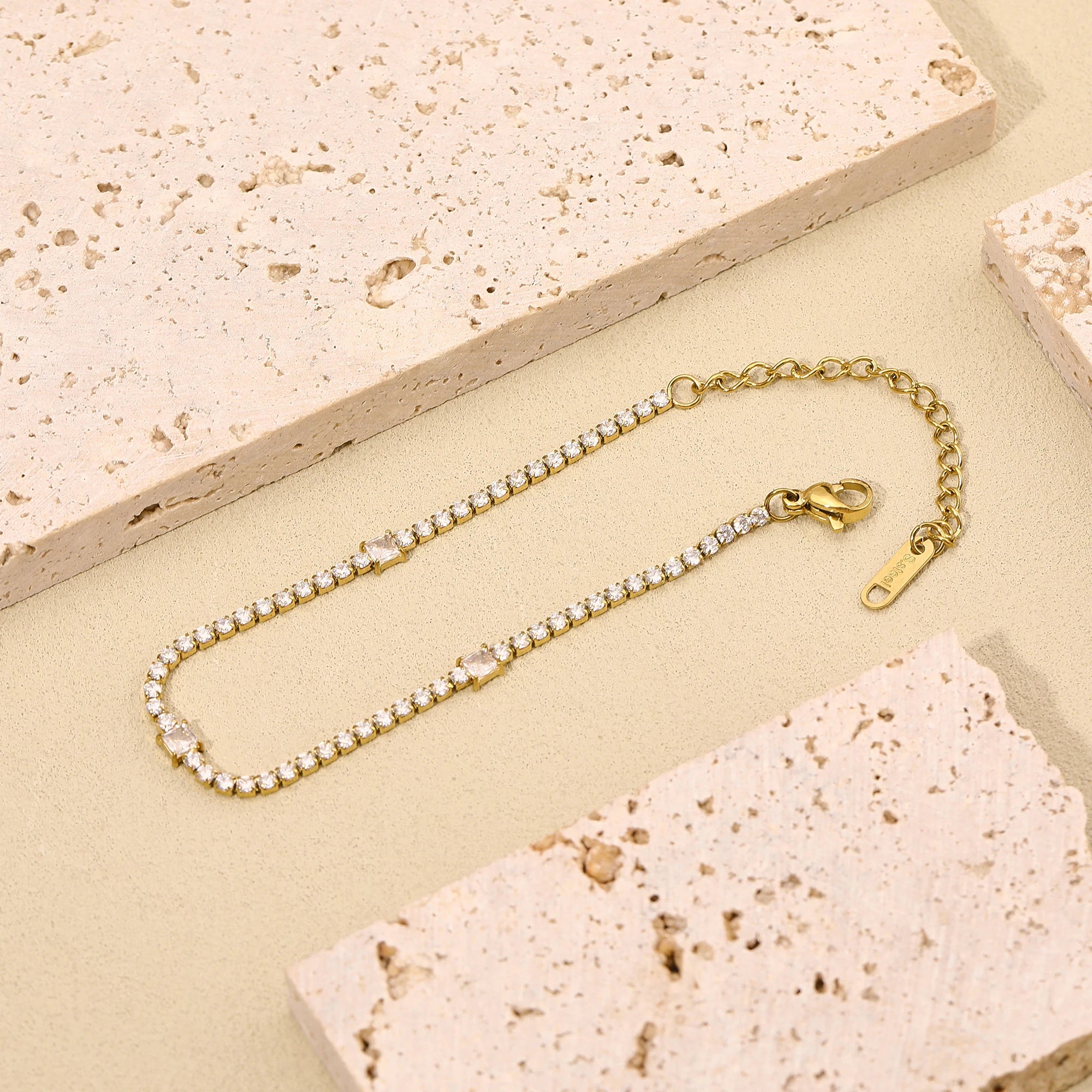 Best Selling Elegant Dainty Full Rectangular Zircon Stainless Steel Golden Plated Western Bracelet Jewelry for Women Luxury