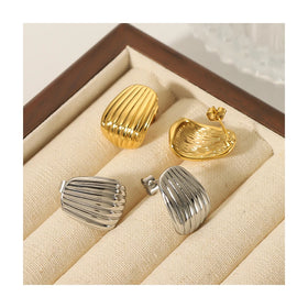 Retro Stainless Steel 18K Gold Plated Fantastic Oval Shape Water Wave Textured Stud Earrings for Women Fashion Jewelry