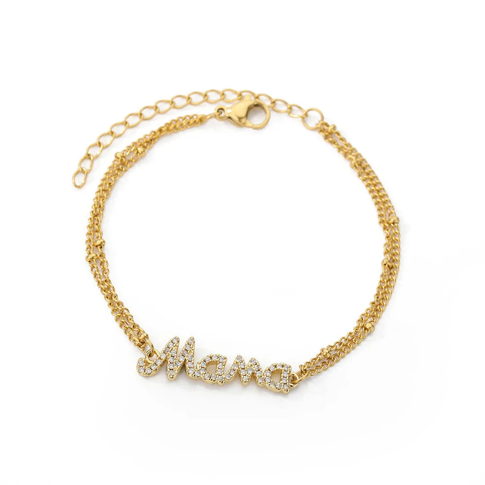 Wholesale 18K Gold Plated Zircon CZ MAMA Letter Charm Bracelet 2 Layers Stainless Steel Link Chain MAMA Bracelet for Gift
