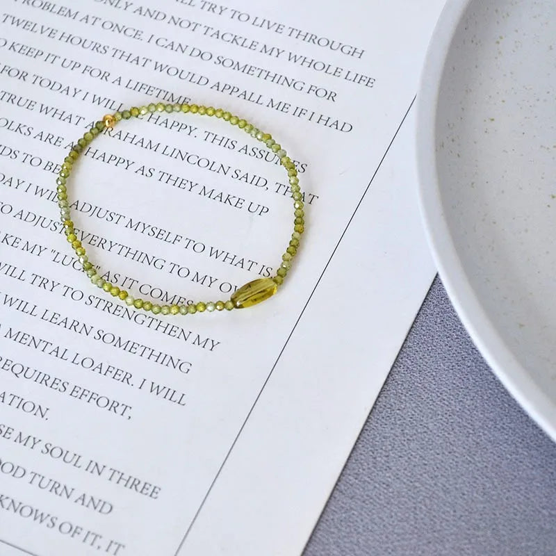 French Style Fresh Shiny Elastic Bracelet Simple Natural Olive Green Zircon Beaded Bracelet for Women