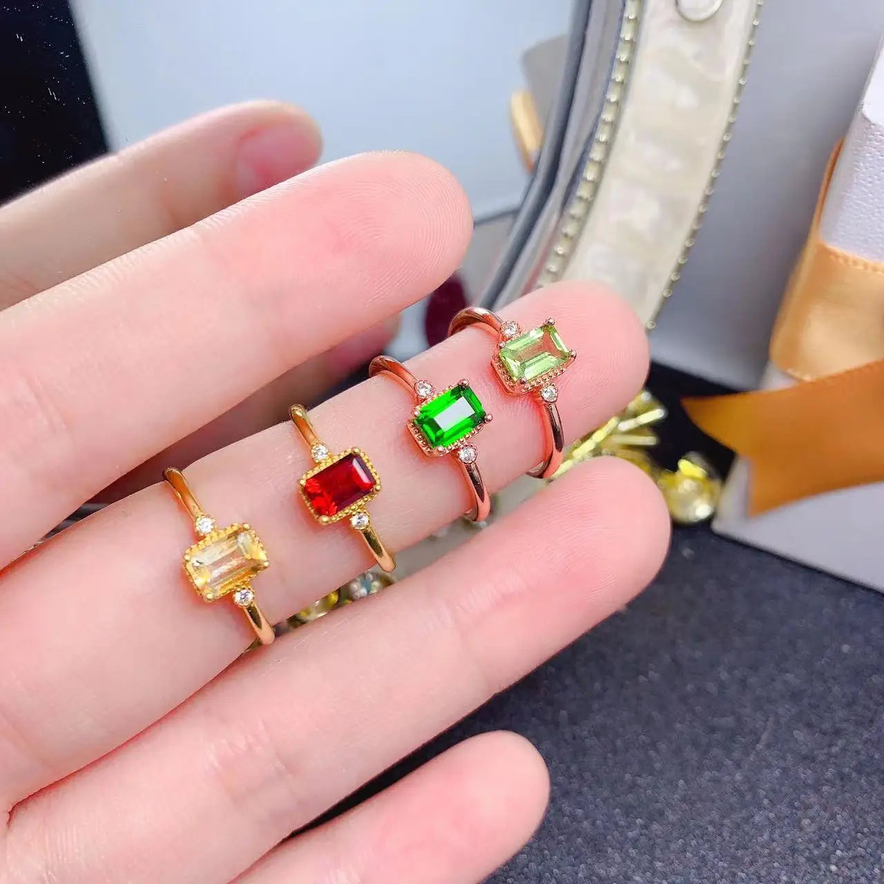 18K Gold Plated Fashion Dainty 925 Sterling Silver Couple Rings Natural Diopside Gemstone Classic Style Emerald Cut for Women