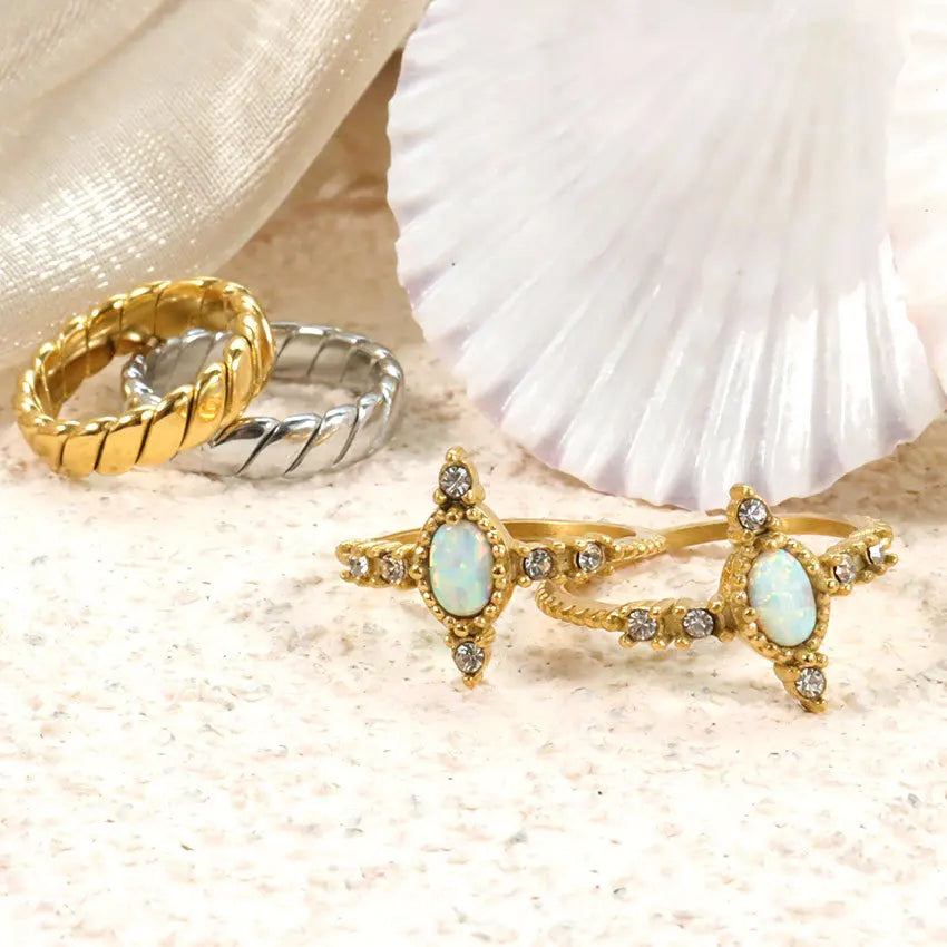 New Arrival Vintage Cubic Zircon Bead Gemstone Cross Eternity Ring 18K Gold Plated Stainless Steel Natural Ethiopian Opal Trendy
