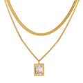 18K Gold Plated Double-layer Herringbone Chain Square Zirconia Pendant Stainless Steel Choker Necklace Design Jewelry Wholesale
