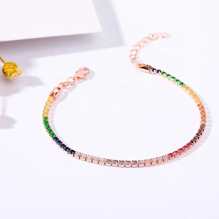 Fashion Jewelry 18K Rose Gold Filled Chain Round Shape 4mm Colorful Diamond Tennis Chain Bracelet