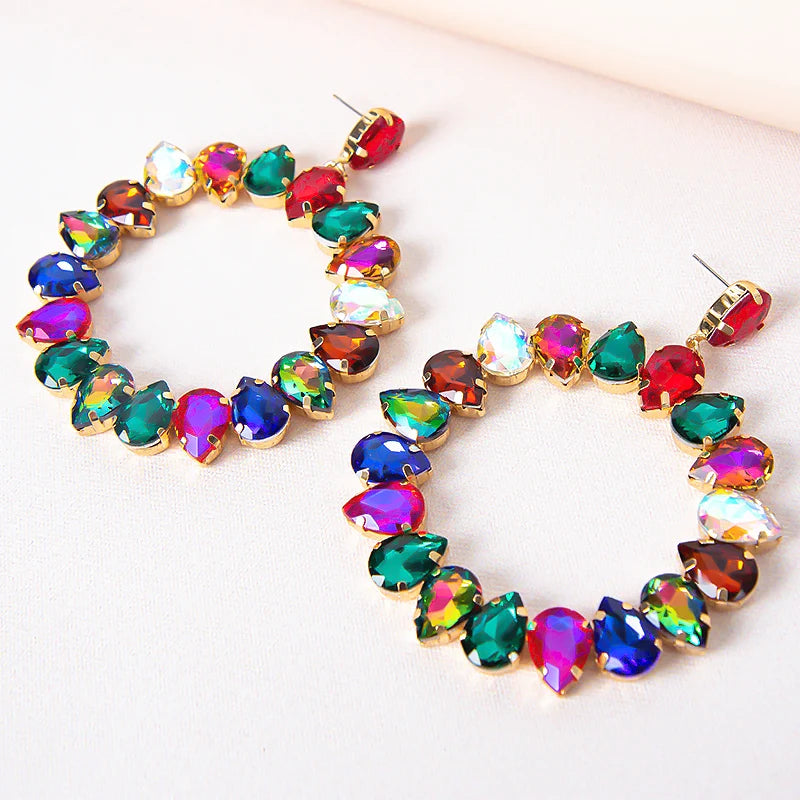 Statement Coloured Alloy Inlaid Diamond Water Drop Hoop Earrings Women Rhinestone Glass Round Stud Earrings Female Jewelry
