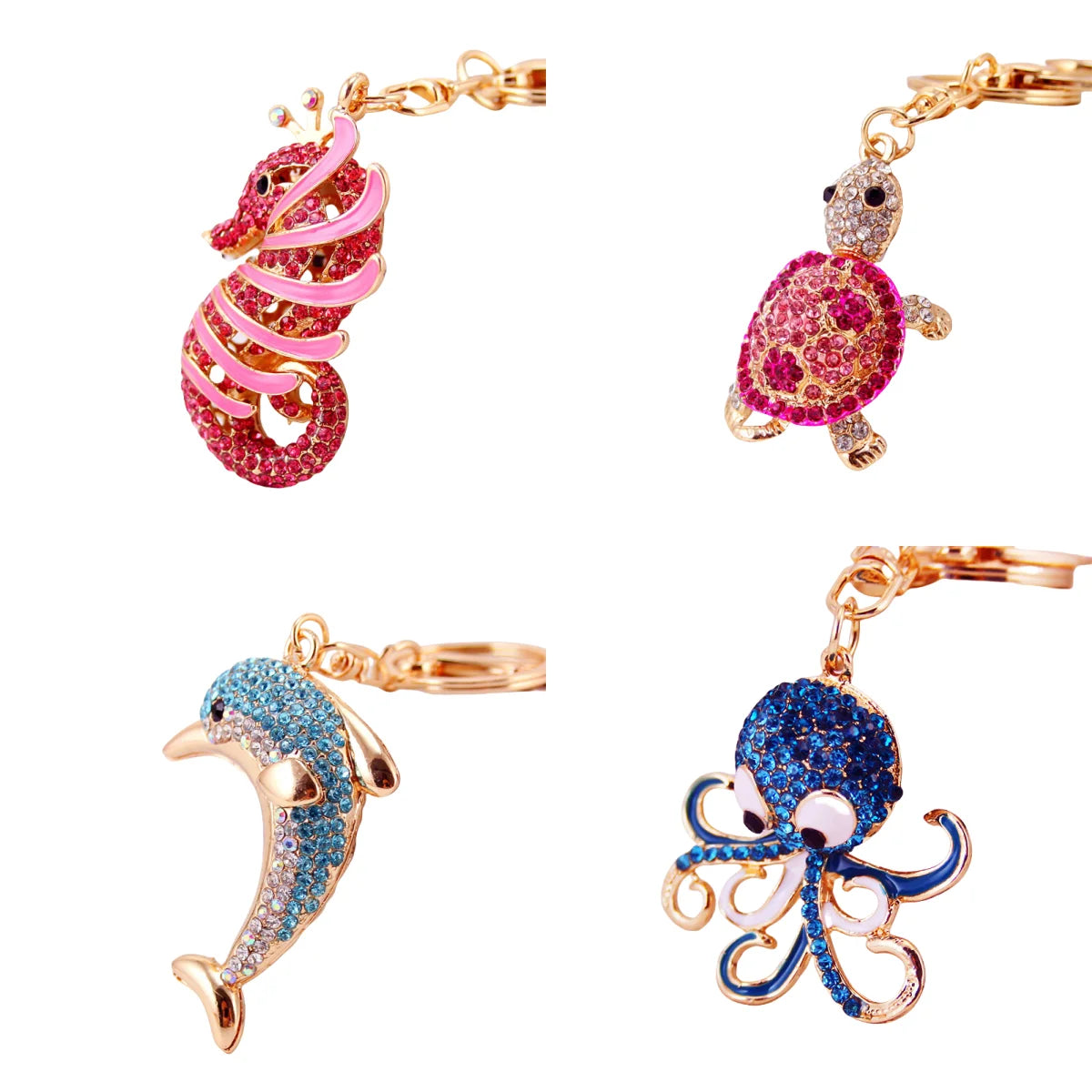 Cute Ocean Keychain Turtle Dolphin Crab Metal Charm Bling Rhinestone Fashion Bag Accessory Car Keychain