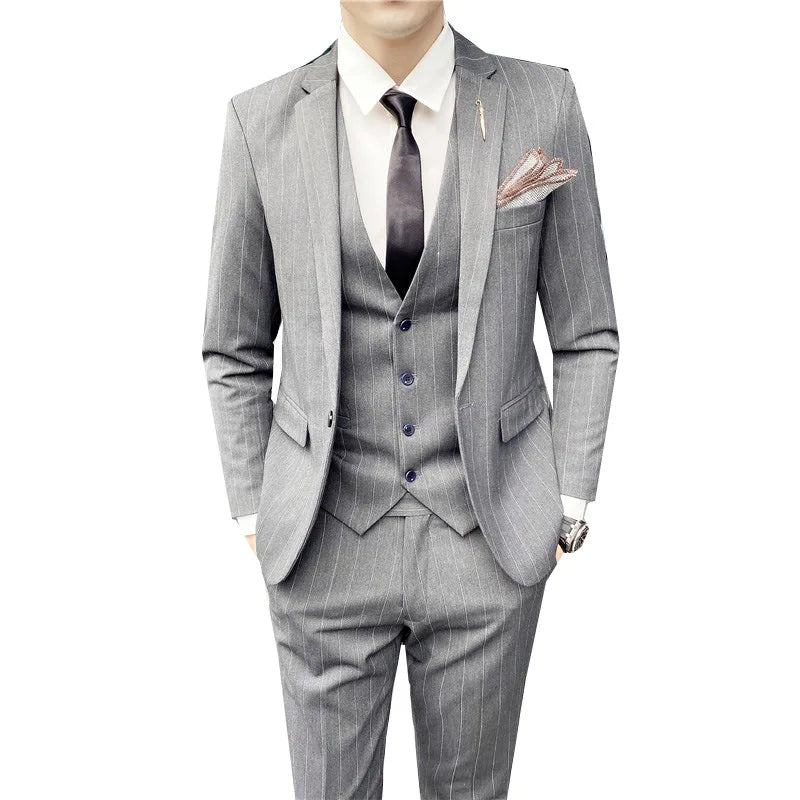 M-5XL Spring and Autumn Thick Casual Three Piece Set Men's Striped Suit Groom's Best Man Suit Men's Suit