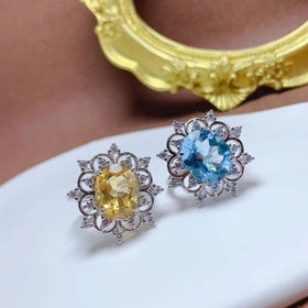 Wholesale 925 Sterling Silver Women's Open Adjustable Ring Sunflower & Natural Topaz Stone Classic Oval Cut for Wedding