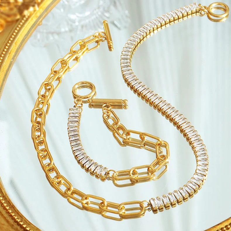 Fashion Pvd Gold Plated Ot Buckle Chain Sparkle Zircon Design Bracelet Necklace Jewelry Set for Women Collares Para Mujer