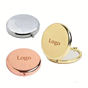 Custom Logo Round Double Side Gold Plated Metal Compact Mirror Portable Mini Pocket Makeup Mirror