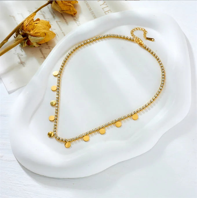 Stainless Steel Round Choker Necklace for Women Girl New Luxury Zircon Crystal Chain Bracelet Non-fading Jewelry Set Wedding