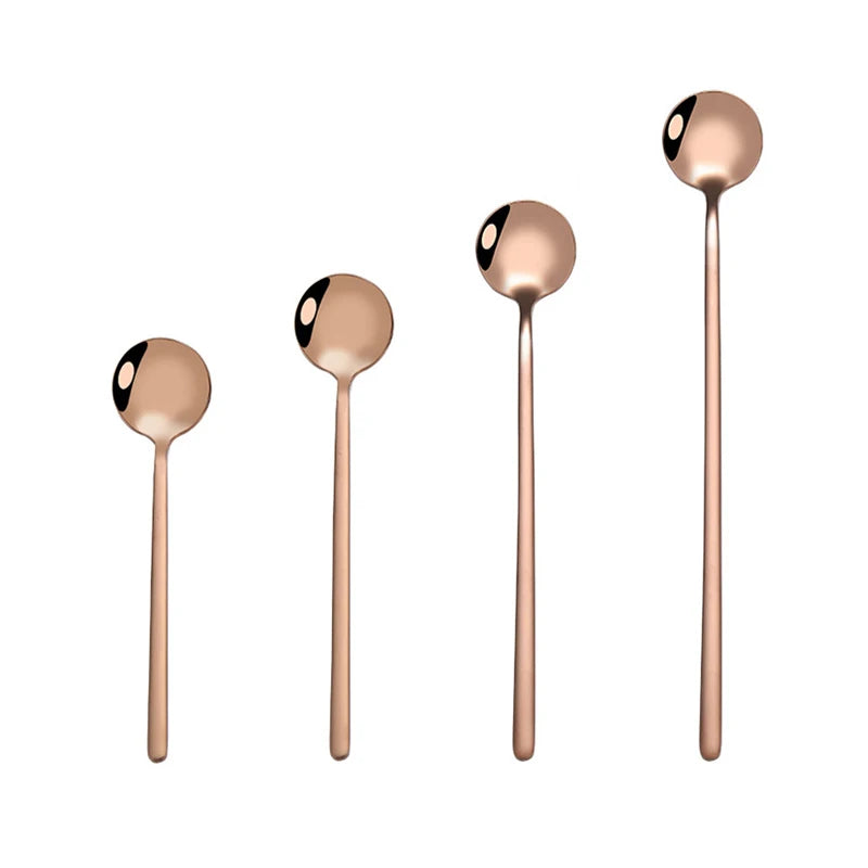 LEHAO Korean Long Dinner Soup Round Spoons Coffee Ice Cream Cutlery Table Gold 304 Stainless Steel Spoon Set