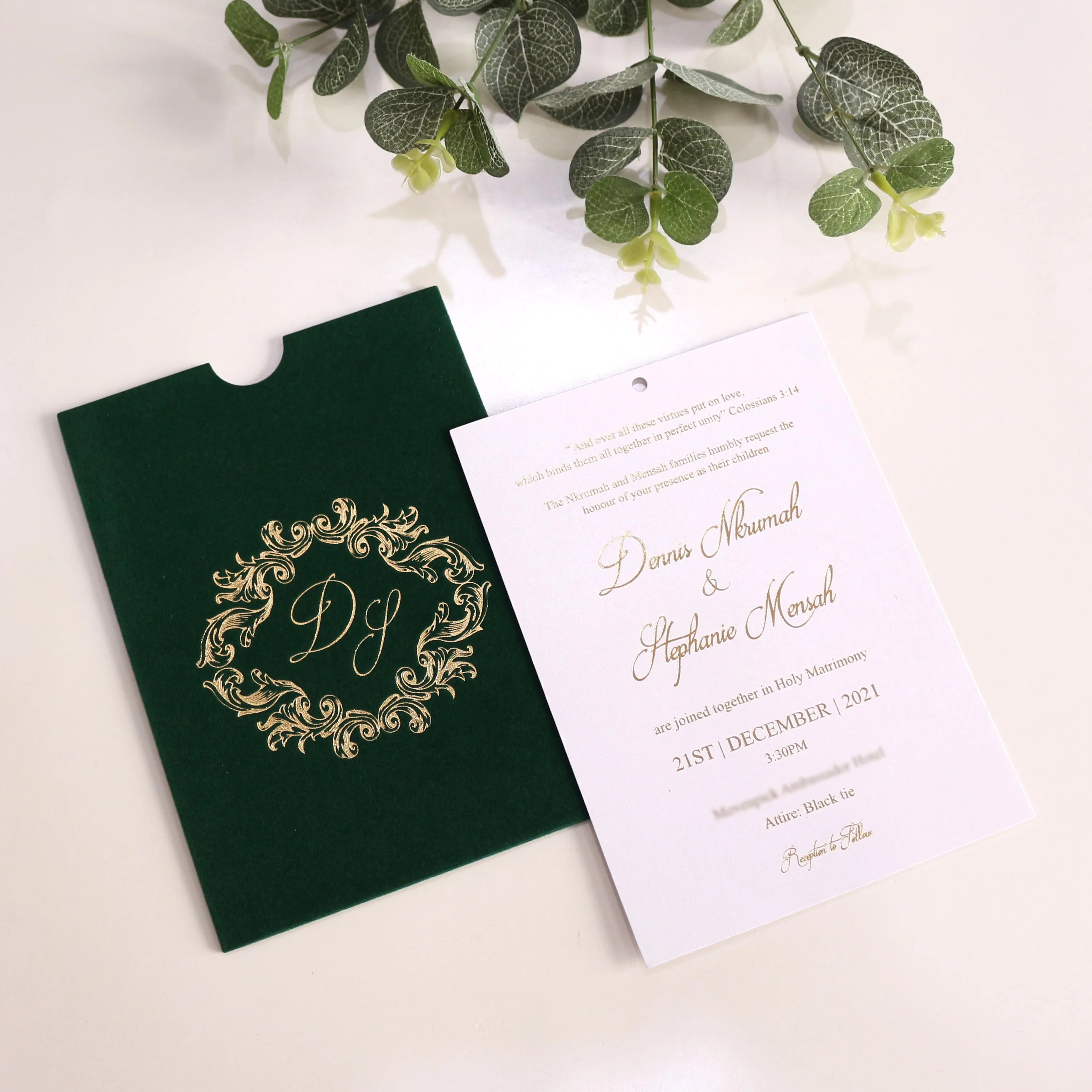 Dark Green Velvet Envelope Wedding Card Pocket Velvet Envelopes with Custom Gold Foil Logo
