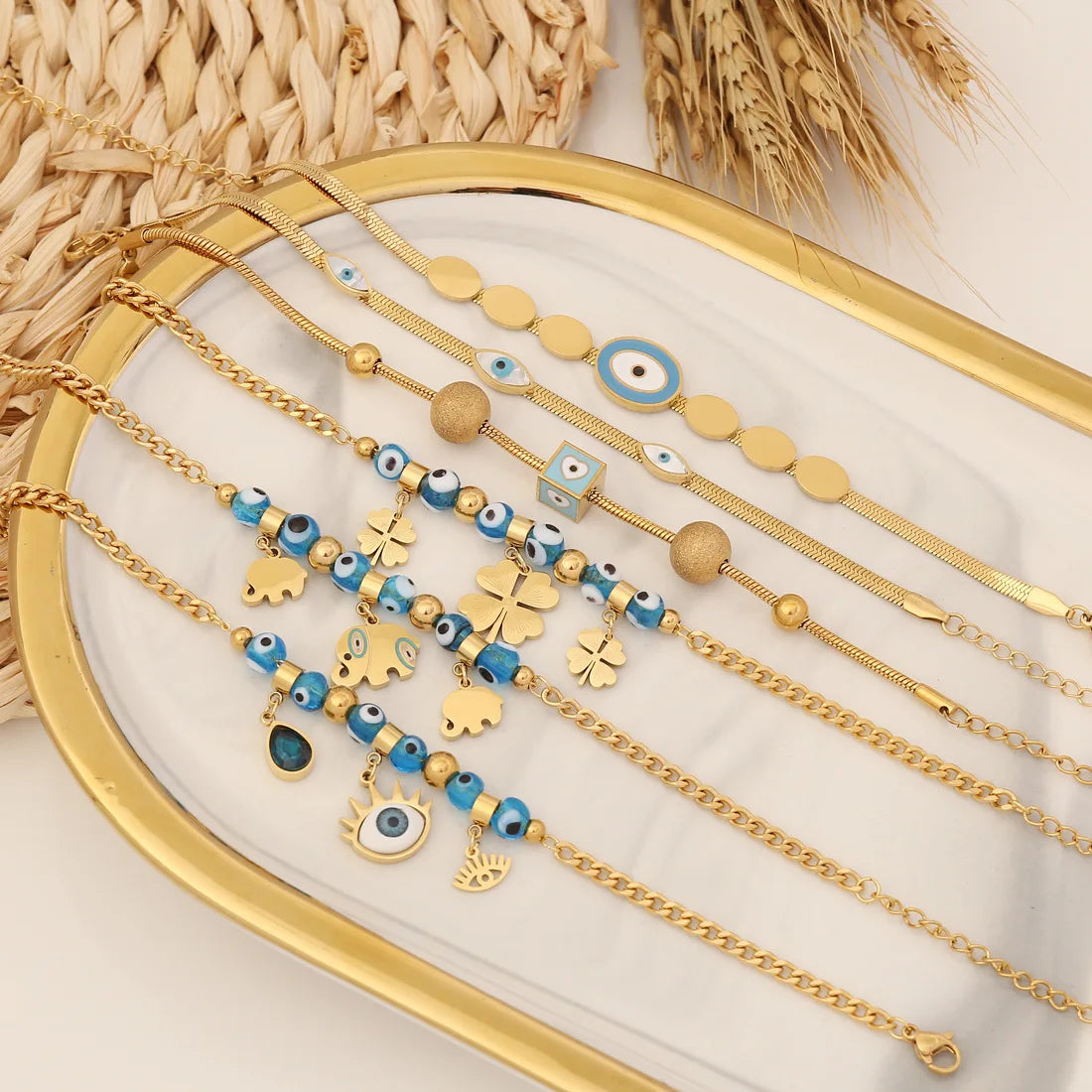2023 New Design18K Gold Stainless Steel Chain Blue Evil Eye Four Clover Elephant Lucky Charms Bracelet Women B363