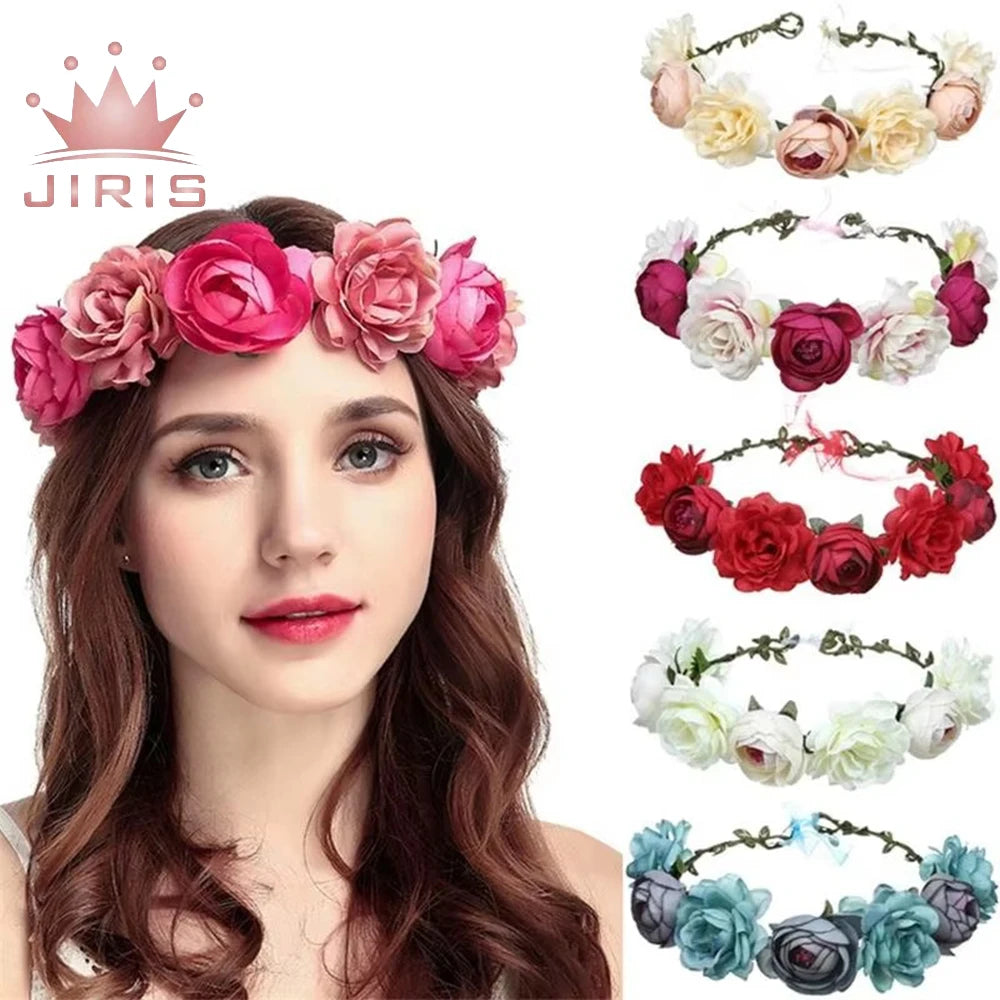 JIRIS French Style Adjustable Fabric Flower Wreath Headband Artificial Fabric Flower for Wedding Party Roses Headband for Girls
