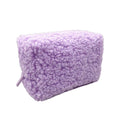 Custom Purple Teddy Plush Zipper Makeup Pouch Fashion Women Square Faux Fur Fluffy Cosmetic Travel Bag