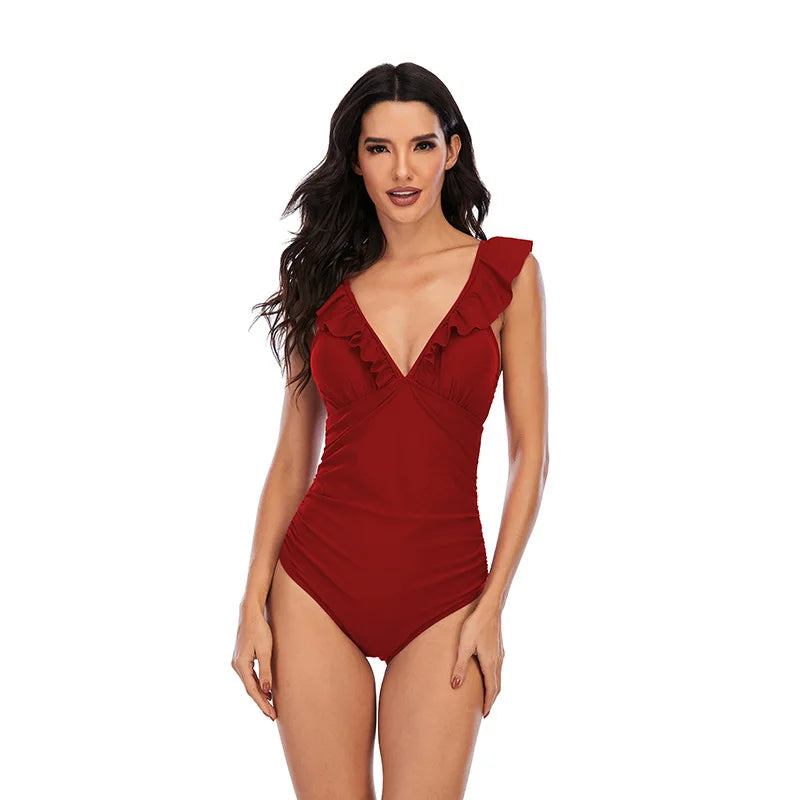 XCHX-Q008 Women's Ruffle Design One Piece Swimwear Ladies Monokini/nylon/Spandex Beachwear Fitness Swimwear Manufacturer