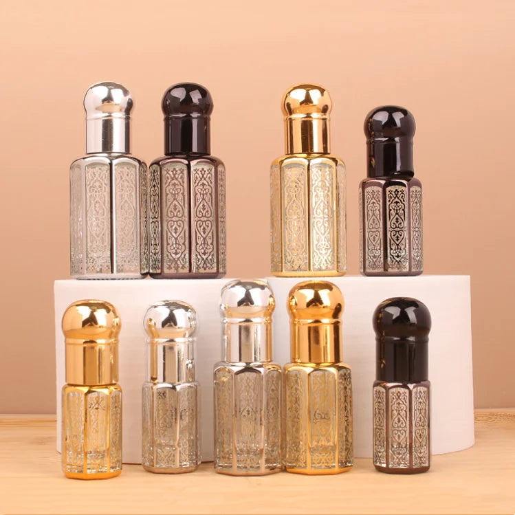 Hot Selling Empty 3ml 6ml 12ml Gold Sliver Black Attar Roll on Bottles Octagon Attar Roll on Perfume Glass Bottle