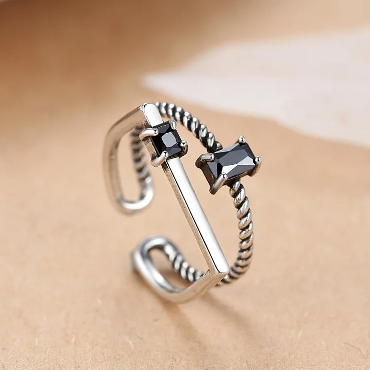 925 Pure Silver Opening Ring square Diamond Double Retro Ring Korean Pure Silver Ornaments Wholesale