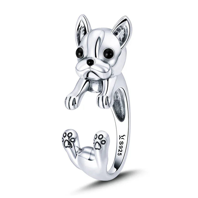 YFN Animal Jewelry Design 925 Sterling Silver Enamel French Bulldog Open Ring