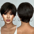 Factory Fast Delivery Dark Brown Short Pixie Cut Synthetic Wigs Natural Black Layered Hair Wig with Fluffy Bangs for Women Afro