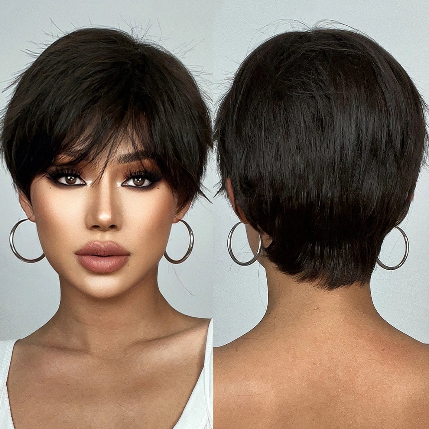 Factory Fast Delivery Dark Brown Short Pixie Cut Synthetic Wigs Natural Black Layered Hair Wig with Fluffy Bangs for Women Afro
