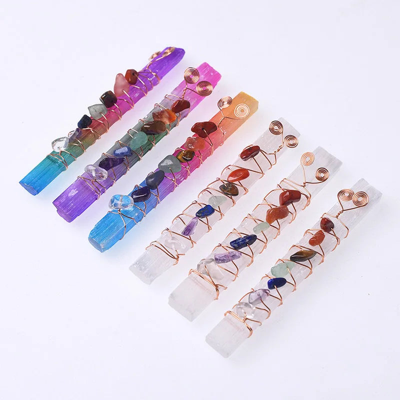 Wholesale Aura Healing Crystals Stones Beads Wire Wrapped Selenite Stick Chakra Wand for Yoga Meditation