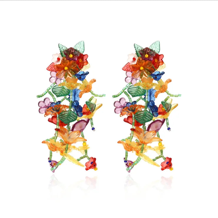 Handmade Flower Tassel Long Beaded Dangle Drop Fringe Earrings Resin Fashionable Party Supplies