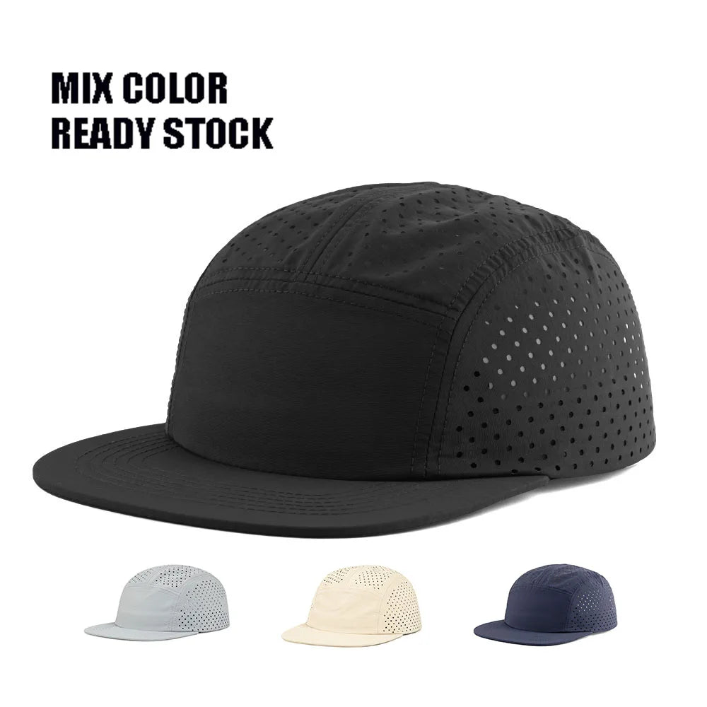 Light Weight Quick Dry Breathable Laser Cut Perforated 5-Panel Nylon Waterproof Outdoor Sports Camping Hat