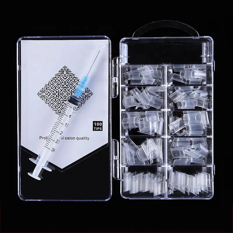 100 Pcs/Box New Nail Design Inject False Nails&1Pc Syringe#C Water Injection Artificial Hollow Nail