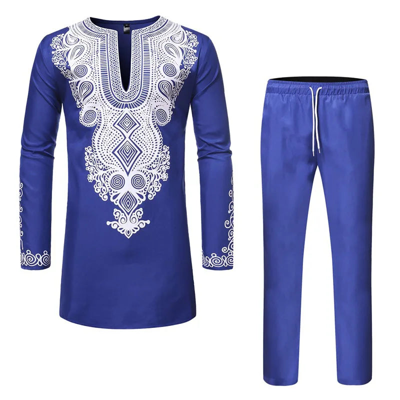 Ankara Mens African Wear Dashiki Two Piece Sets Gold Print Shirt Kaftan Top Dubai Pants Suits Muslim Clothing Formal Attire