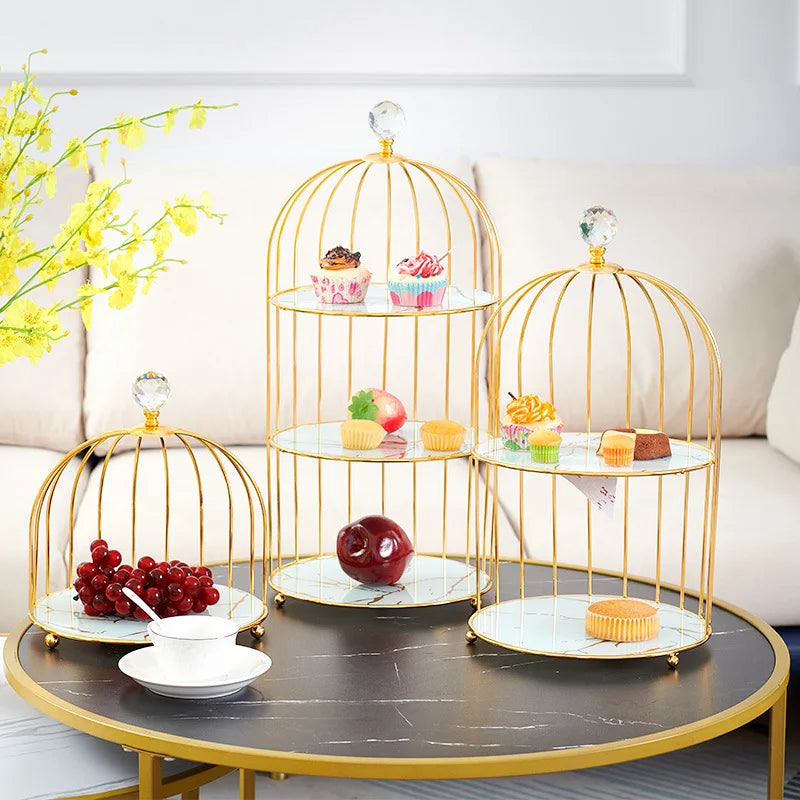 Baking Tools Supplies Cake Table Decorating 2-tier Dessert Marble Stand Snack Metal Bird Cage Rack Marble Stone Cake Stand