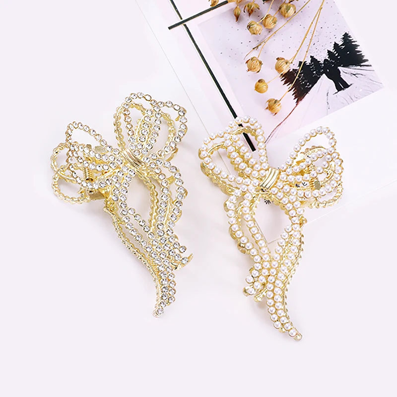 Korean Women Metal Bowknot Hair Clip Claw Vintage Large Shark Clips Rhinestone Pearl Alloy Claw Hair Clips