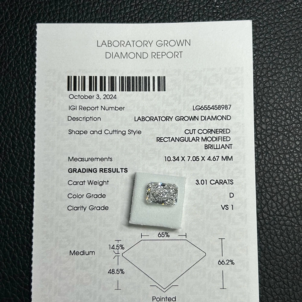 HQ GEMS1ct 2cts D VS1 HPHT Radiant Cut Diamond IGI Certificate Lab Grown 3 Carat  CVD Diamond