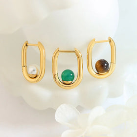 French 18k Gold Pvd Plated Stainless Steel Green Coffee Natural Stone Pearl Hoop Earrings for Women Boucle Doreille Bijoux